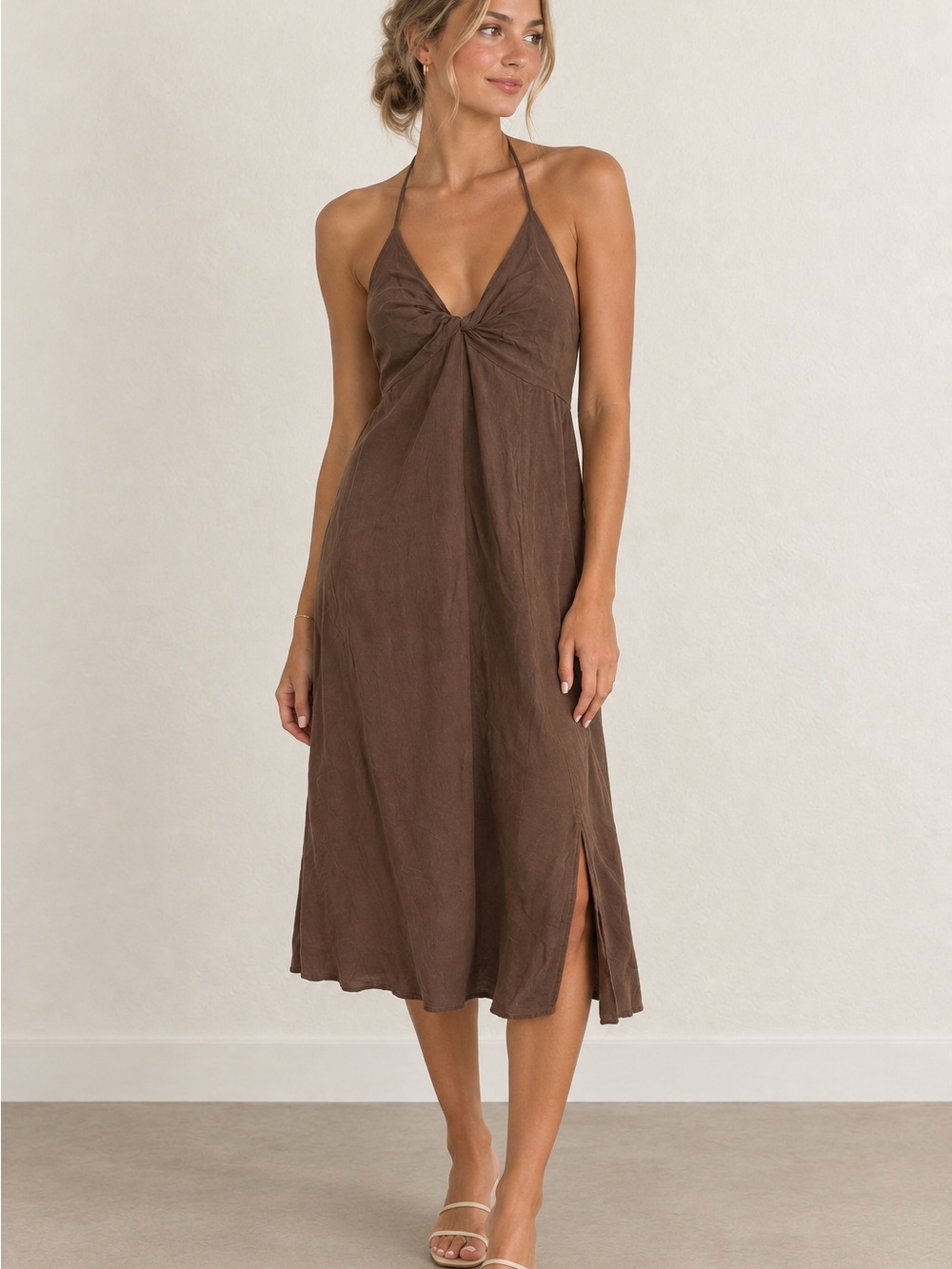 Final Touch Brown Halter Midi Dress with Side Slit